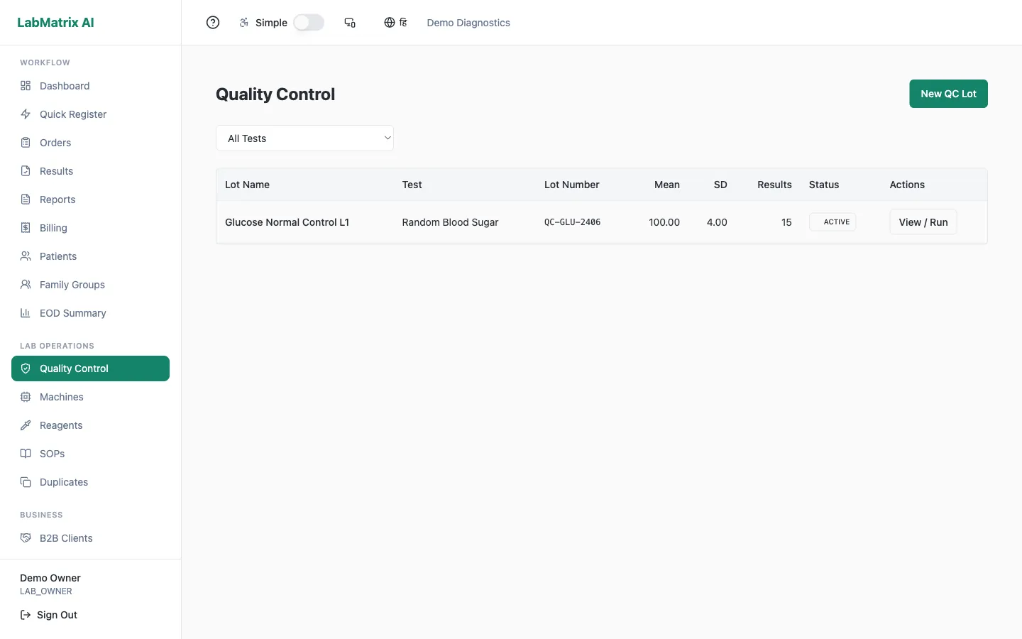LabMatrix AI quality-control screen showing Westgard rule evaluation on control runs.